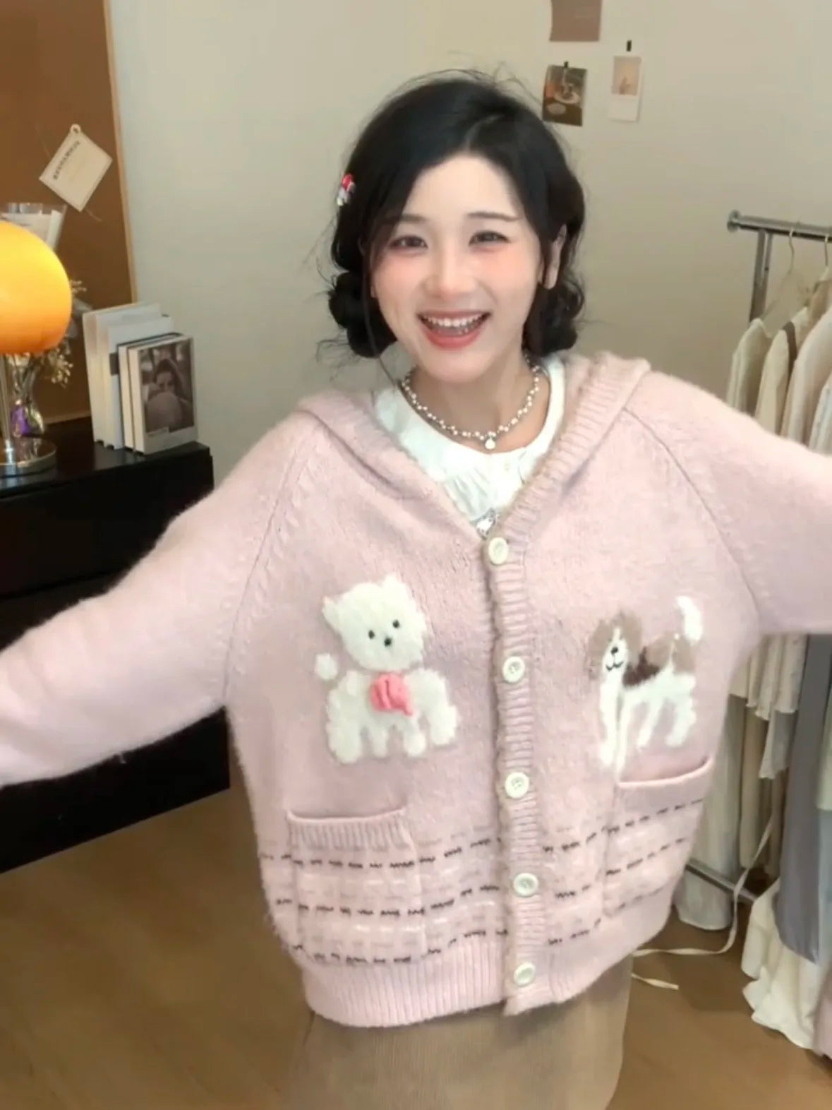 Y2k Aesthetic Cartoon Jacquard Knitted Hooded Cardigan Kawaii Cute Casual Women Pocket Sweater Sweet Single Breasted Loose Tops