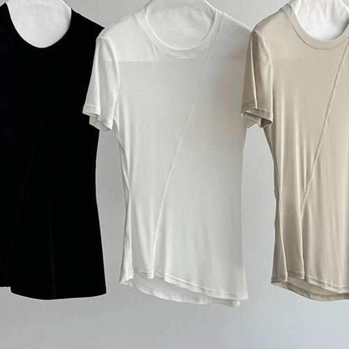 Load image into Gallery viewer, Women Beige Black Irregular Slim Elegant T-shirt New Round Neck Short Sleeve Fashion Tide Spring Summer 2025 1DJ1909
