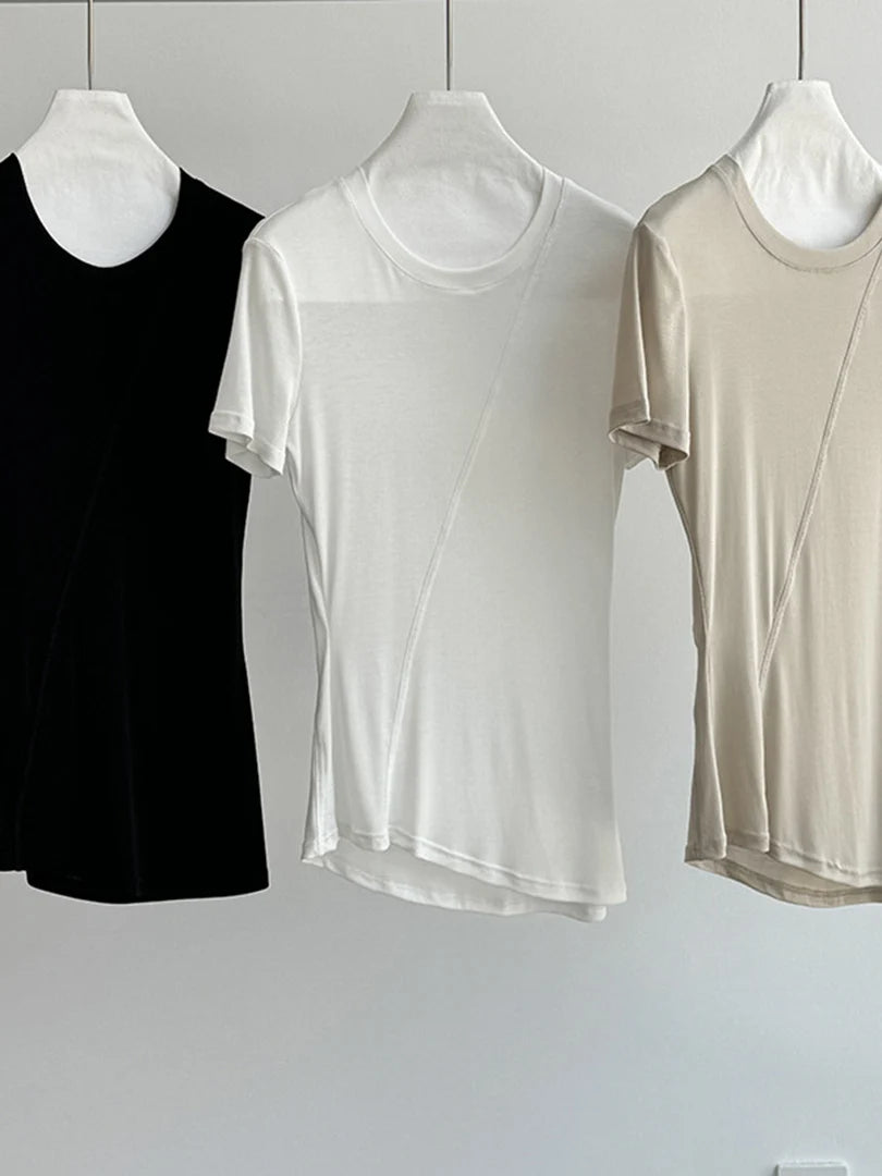 Women Beige Black Irregular Slim Elegant T-shirt New Round Neck Short Sleeve Fashion Tide Spring Summer 2025 1DJ1909