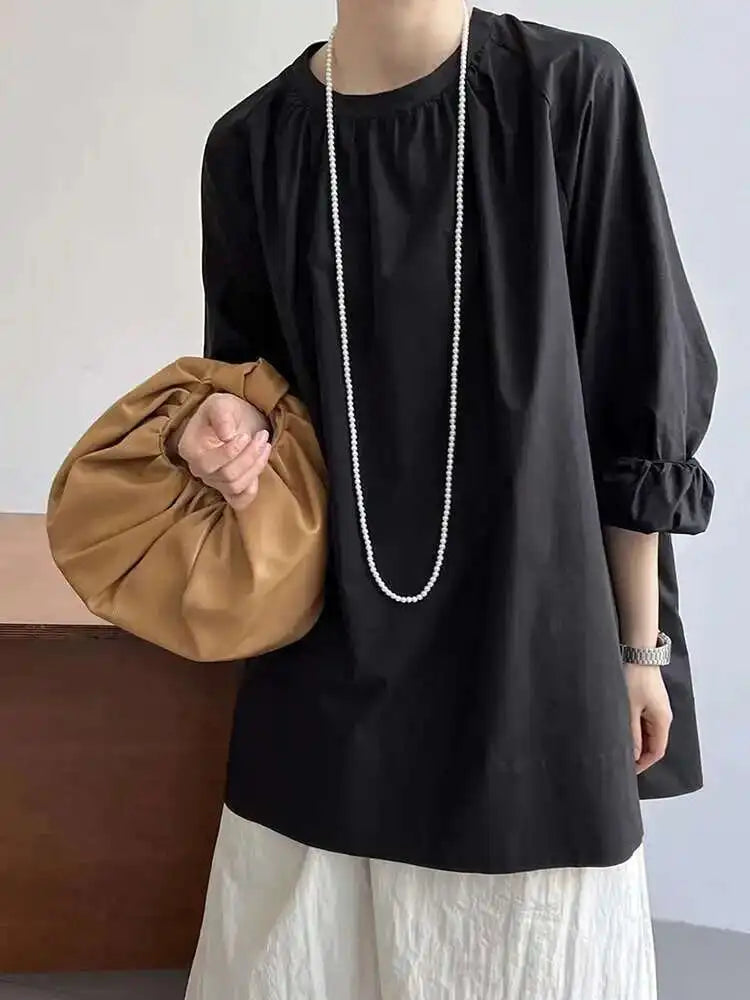 Women Yellow Big Size Long Blouse New Round Neck Long Sleeve Loose Fit Shirt Fashion Tide Spring Autumn 2025 1DH0197