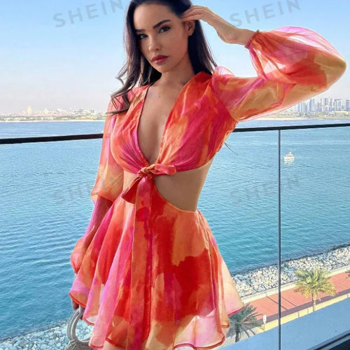 Load image into Gallery viewer, Sexy Deep V-print Long Sleeved Lace Up Women Playsuit Autumn Casual Lantern Sleeve Chiffon Elegant Holiday Party Beach
