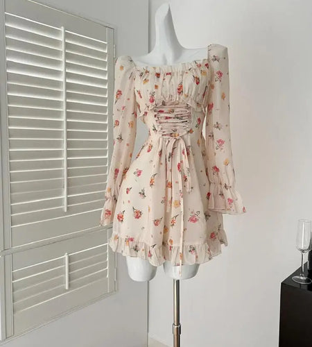 Spring Vintage Beige Floral Long Sleeved Party Short Dress Women Square Neck Elegant Vacation Backless Ruffles Dresses 2025 Chic