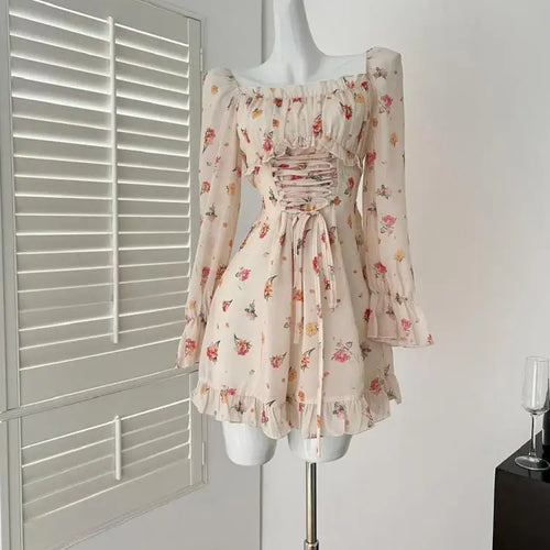 Load image into Gallery viewer, Spring Vintage Beige Floral Long Sleeved Party Short Dress Women Square Neck Elegant Vacation Backless Ruffles Dresses 2025 Chic
