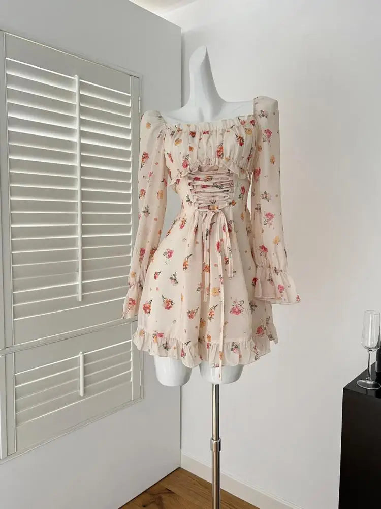 Spring Vintage Beige Floral Long Sleeved Party Short Dress Women Square Neck Elegant Vacation Backless Ruffles Dresses 2025 Chic