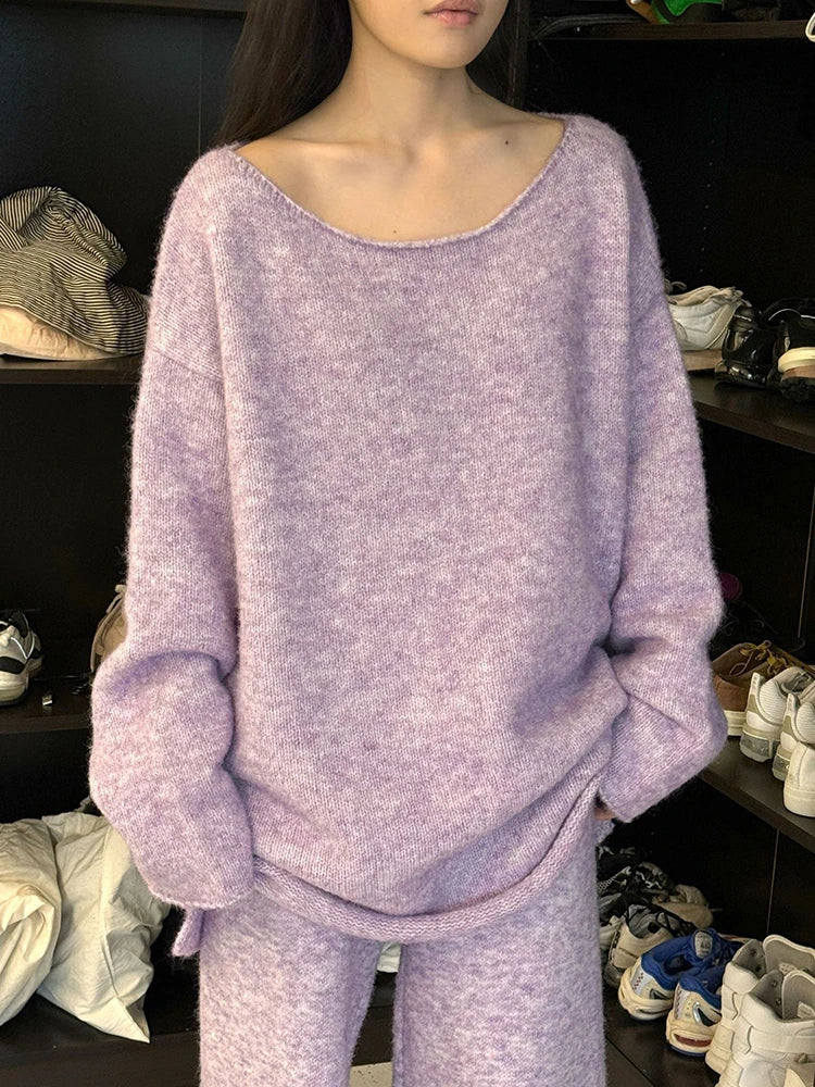 High Elastic Waist Purple Warm Knitting Long Wide Leg Pants New Trousers Women Fashion Tide Autumn Winter 2025 1DH9200