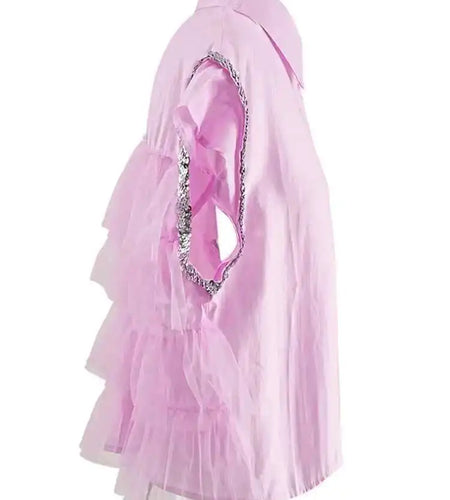 Women pink Color Sequins Mesh Ruffles Big Size Blouse New Lapel Sleeveless Shirt Fashion Tide Spring Summer 2025 CPG1527
