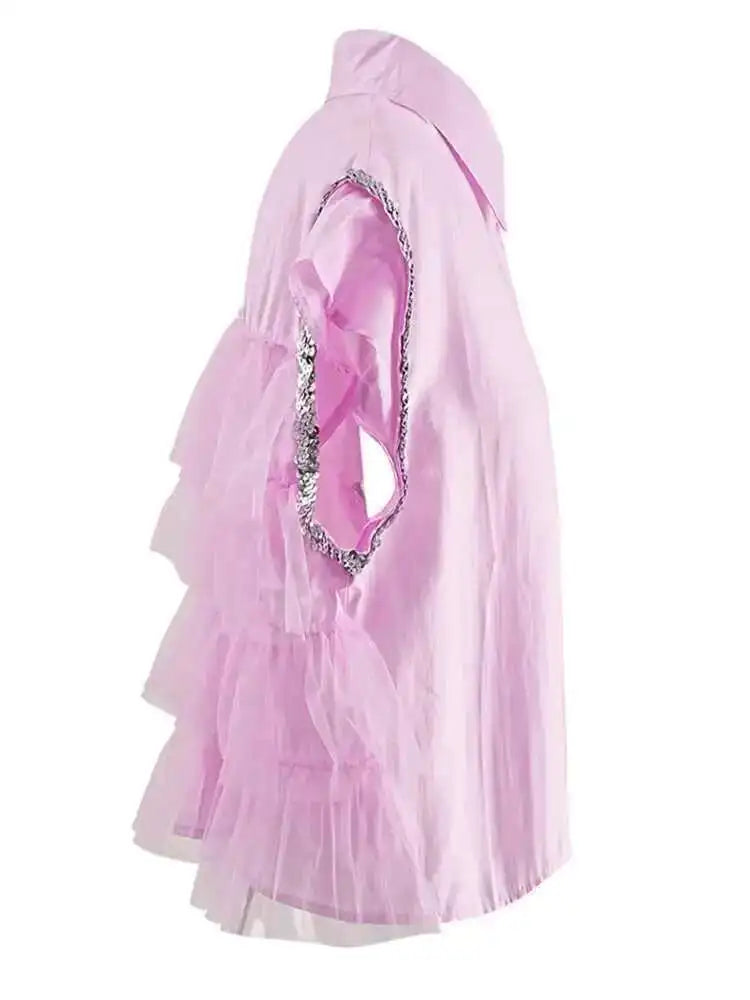 Women pink Color Sequins Mesh Ruffles Big Size Blouse New Lapel Sleeveless Shirt Fashion Tide Spring Summer 2025 CPG1527