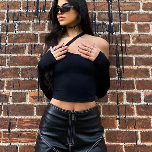 Load image into Gallery viewer, Autumn Fashion Casual Slim Solid Removable Sleeves Halter T Shirt For Women New Streetwear Wild Basic Female Top Hot
