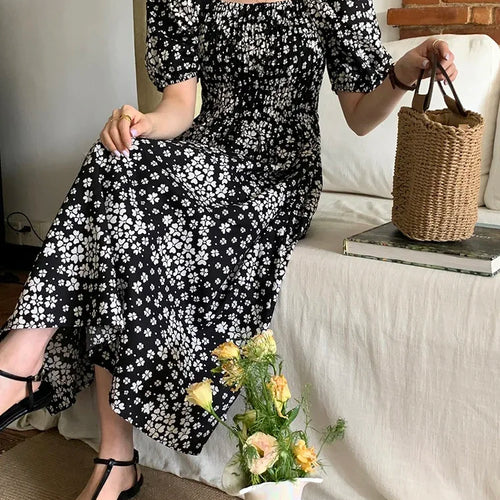 Load image into Gallery viewer, Black Printed Slim Waist Women&#39;s Dresses French Style Square Neck Puff Sleeve Female Dress Summer Casual Office Ladies
