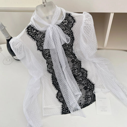 Load image into Gallery viewer, Autumn Women French Black White Dot Patchwork Lace Bow Lace-up Top Vintage Temperament Long Sleeve Zipper Clothing Popular Trend
