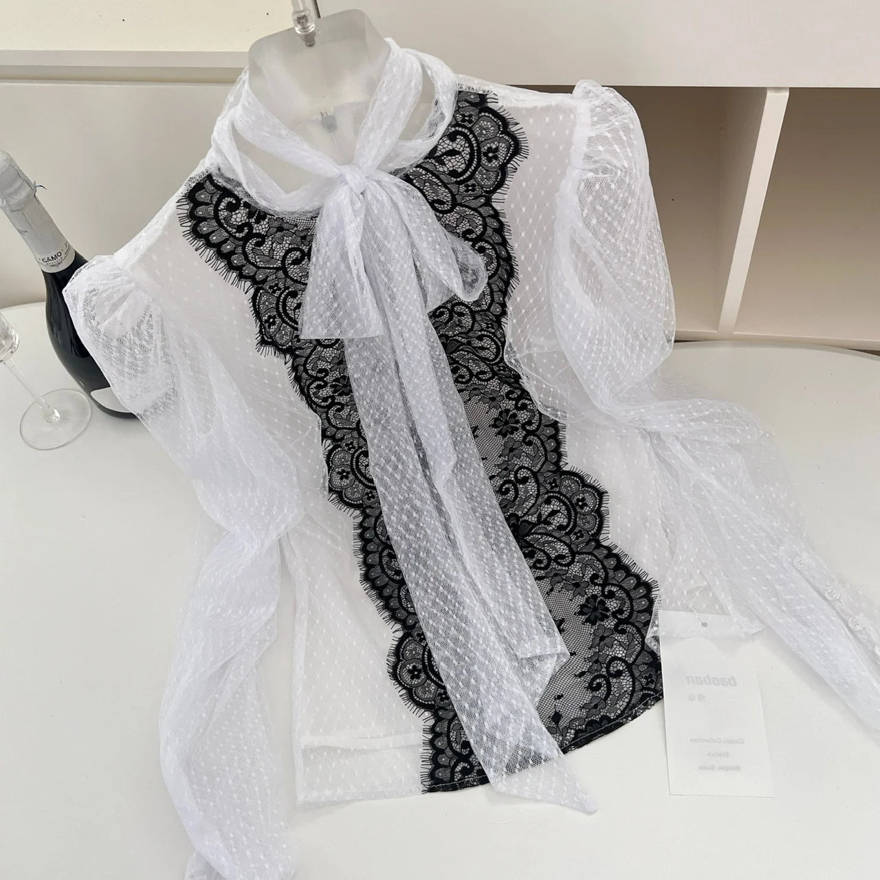 Autumn Women French Black White Dot Patchwork Lace Bow Lace-up Top Vintage Temperament Long Sleeve Zipper Clothing Popular Trend