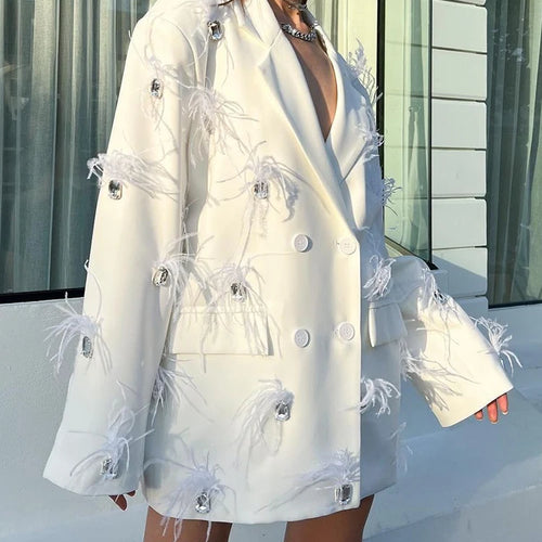 Load image into Gallery viewer, Solid Patchwork Feather Chic Blzaer For Women Notched Collar Long Sleeve Spliced Diamonds Temperament Coats Female
