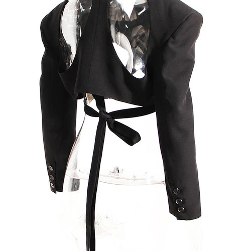 Load image into Gallery viewer, Women Black Hollow Out Bandage Short Blazer New Lapel Long Sleeve Loose Fit Jacket Fashion Tide Spring Autumn 2025 17A7374
