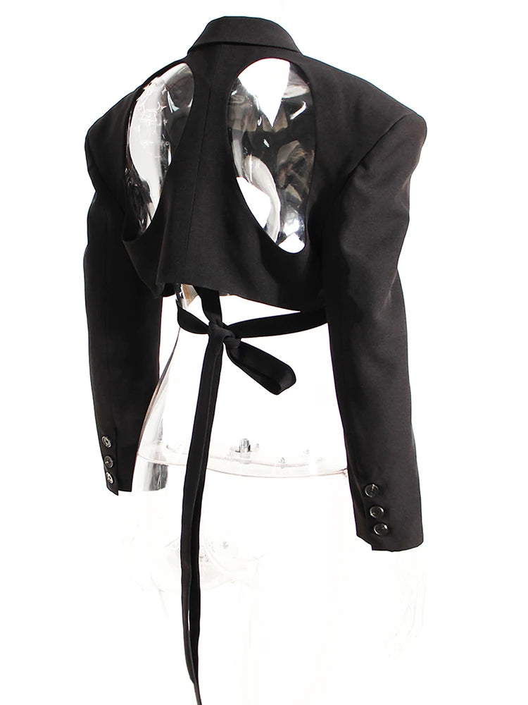 Women Black Hollow Out Bandage Short Blazer New Lapel Long Sleeve Loose Fit Jacket Fashion Tide Spring Autumn 2025 17A7374