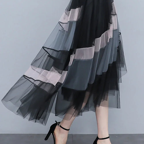 Load image into Gallery viewer, Fashion Patchwork Tulle Long Skirt Women 2023 Spring Summer Elegant High Street Mesh High Waist Pleated Midi Skirt Female

