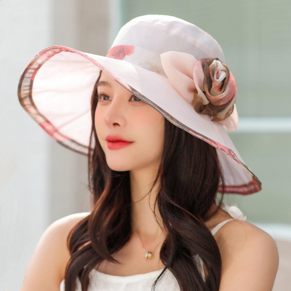 Women Summer Sun Hats Fashion Bow Flower Design Beach Hat Women Outdoor Anti-UV Travel Cap