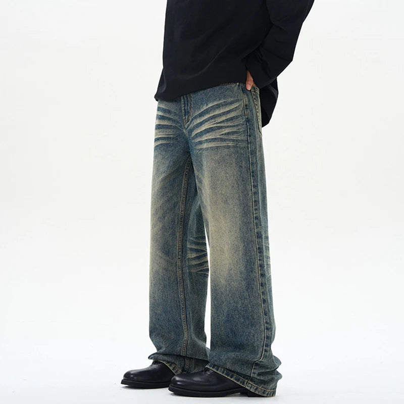 Men's Jeans Nostalgic Washed Cat Beard Design New American Style Straight Leg Gradient Color Tide Male Trousers 9W2025