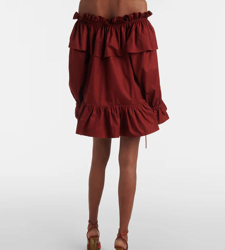 Solid Spliced Ruffles Loose Dresses For Women Slash Neck Long Sleeve High Waist Temperament Mini Dress Female New