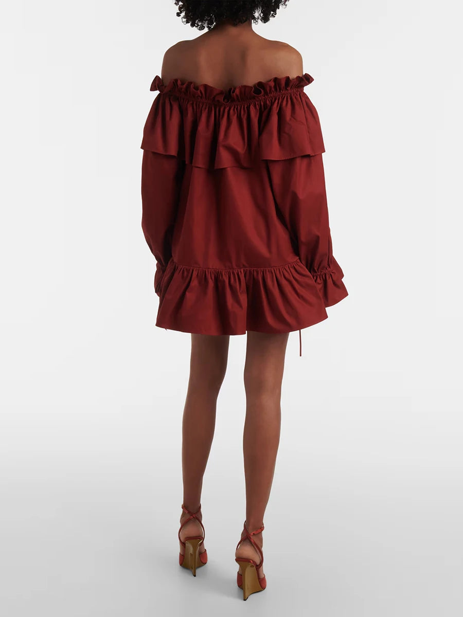 Solid Spliced Ruffles Loose Dresses For Women Slash Neck Long Sleeve High Waist Temperament Mini Dress Female New