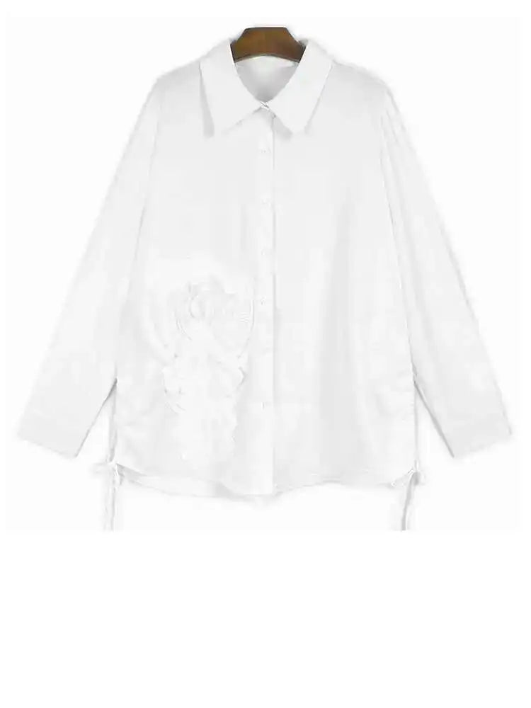 Women Black Flower Drawstring Big Size Casual Blouse New Lapel Long Sleeve Shirt Fashion Tide Spring Autumn 2025 1DH9967