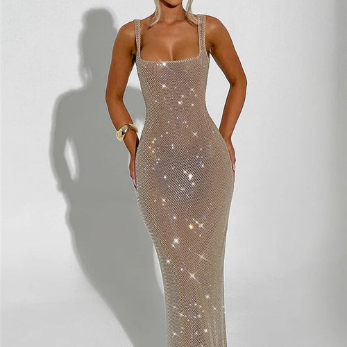 Load image into Gallery viewer, Sequins Backless Sexy Maxi Dress For Women Gown Fashion Sparkle Square Collar Sleeveless Bodycon Club Long Dress
