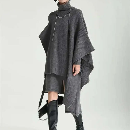 Load image into Gallery viewer, Women Gray Irregular Design Knitting Dress New Turtleneck Long Sleeve Loose Fit Fashion Tide Spring Autumn 2025 1DF2618
