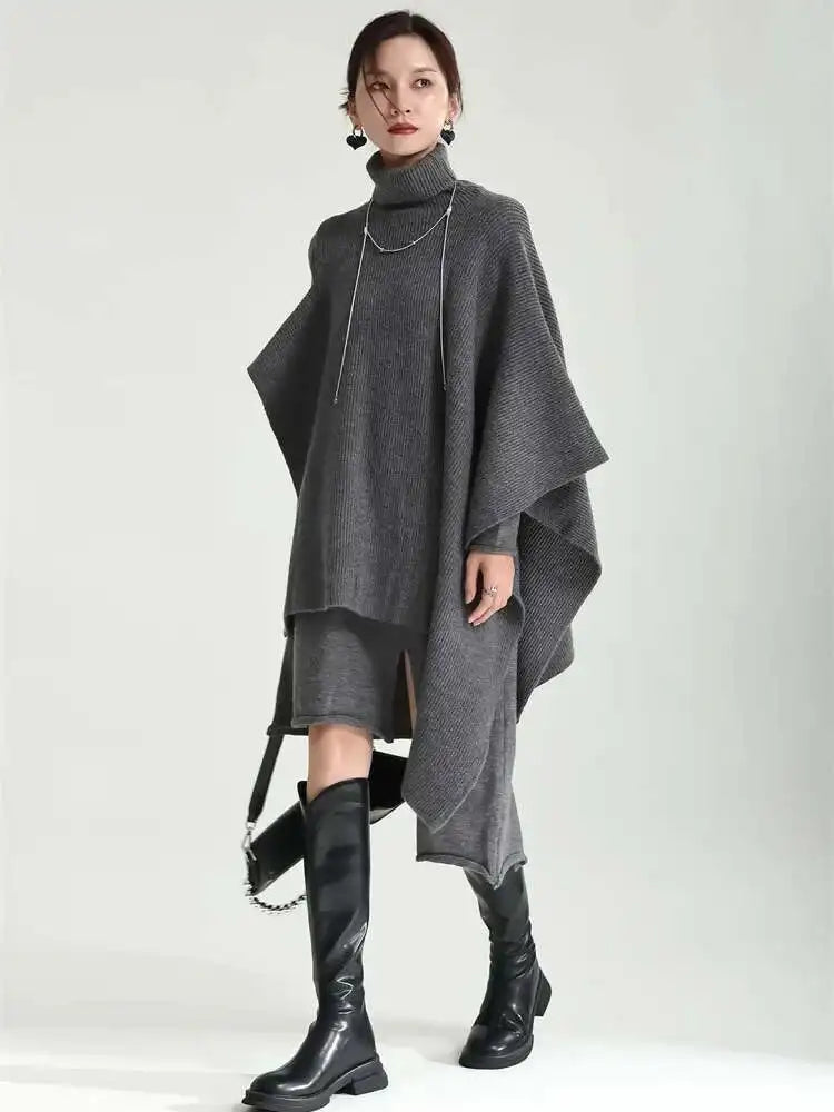 Women Gray Irregular Design Knitting Dress New Turtleneck Long Sleeve Loose Fit Fashion Tide Spring Autumn 2025 1DF2618