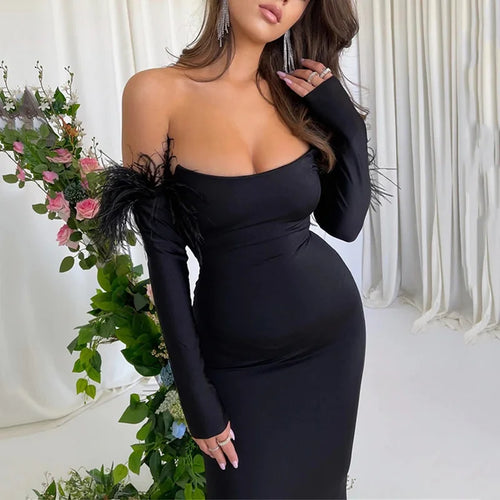 Load image into Gallery viewer, Elegant Off-shoulder Feather Sleeve Maxi Dress Women 2022 New Strapless Backless Bodycon Long Dress Vestido
