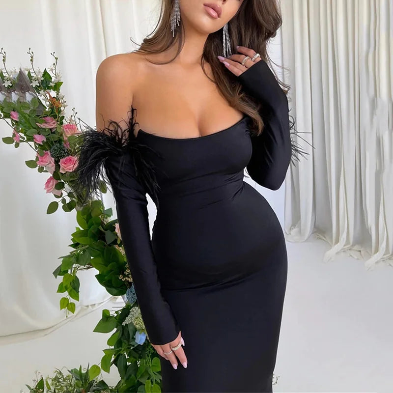 Elegant Off-shoulder Feather Sleeve Maxi Dress Women 2022 New Strapless Backless Bodycon Long Dress Vestido