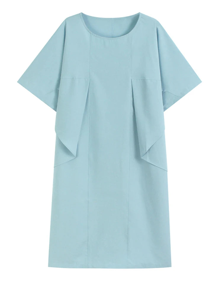 Women Blue Pleated Irregular Big Size Midi Dress New Round Neck Short Sleeve Fashion Tide Spring Summer 2025 1DJ1230