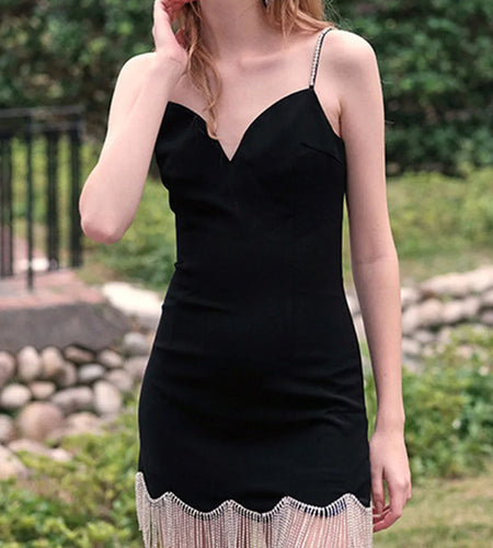 Solid Spliced Tassels Elegant Dresses for Women V Neck Sleveeless Patchwork Bead Mini Dress Female Fashion Clothing