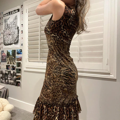 Load image into Gallery viewer, Vintage Fashion Elegant Leopard Party Dress Female Ruched Tirtted Y2K Aesthetic Club Summer Midi Dress Sleeveless New
