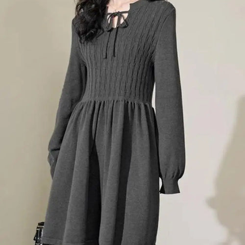 Load image into Gallery viewer, French Women's Autumn Winter Grey Long Sleeved Knitted Midi Dress V-neck Lace-up High Waist Slim Festival Pleated Dress Fashion
