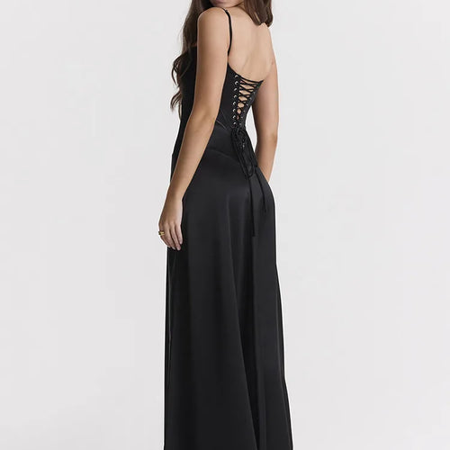 Load image into Gallery viewer, Lace-up Satin Maxi Slipdress Women Black Spaghetti Strap Sleeveless Backless Maxi Dress Femme Club Party Evening Dress
