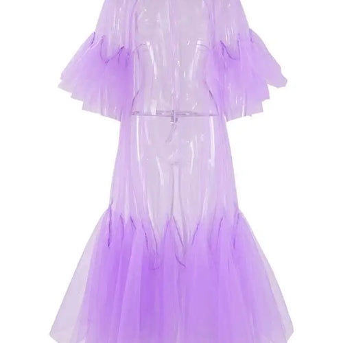 Load image into Gallery viewer, Women Purple Ruffles Mesh Perspective Big Size Long Dress New Round Neck Half Sleeve Fashion Spring Summer 2025 JR7711
