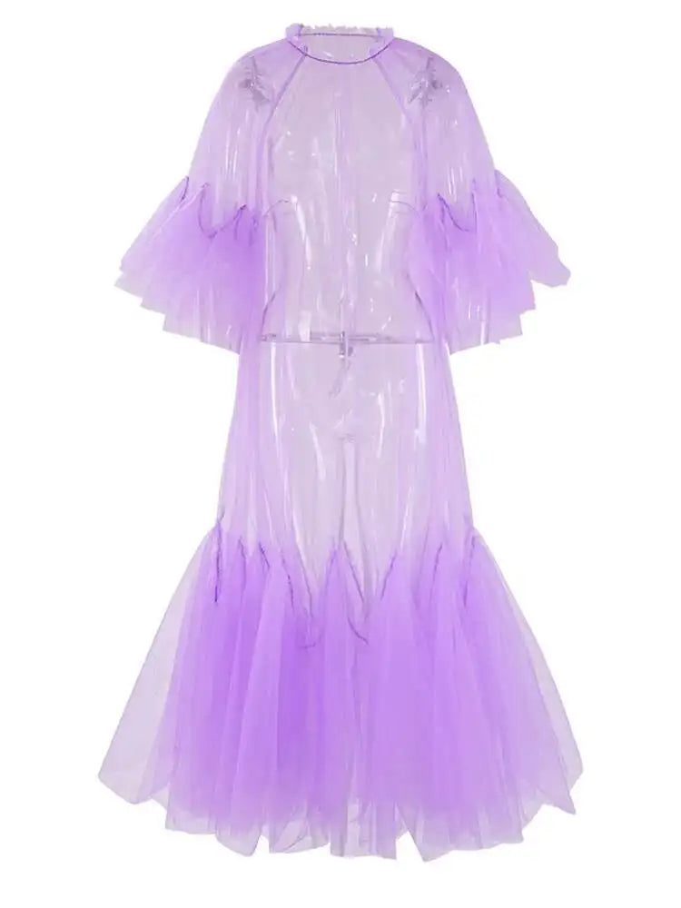 Women Purple Ruffles Mesh Perspective Big Size Long Dress New Round Neck Half Sleeve Fashion Spring Summer 2025 JR7711