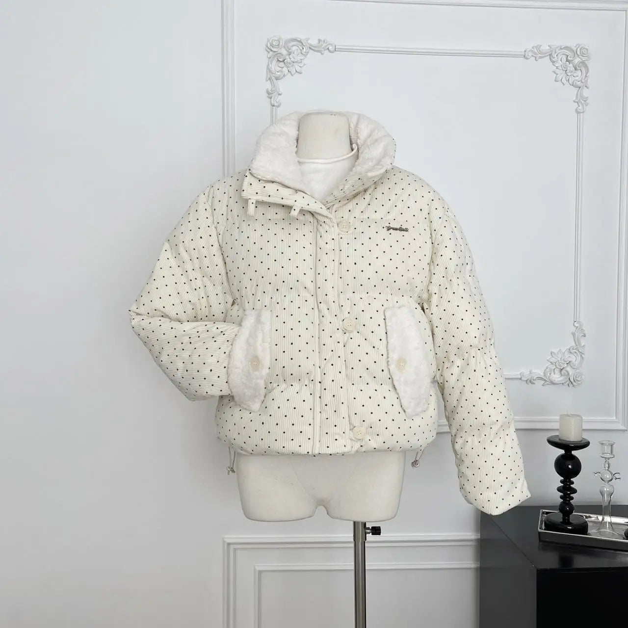 Korean 2024 New Casual Women Beige Dot Cotton Padded Jacket Winter Warm Short Single Breasted Zipper Down Coat Thick Streetwear
