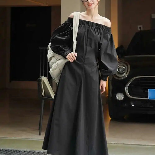 Load image into Gallery viewer, Women Black Brief Long Elegant Dress New Slash Neck Long Puff Sleeve Loose Fit Fashion Tide Spring Autumn 2025 1DF9947

