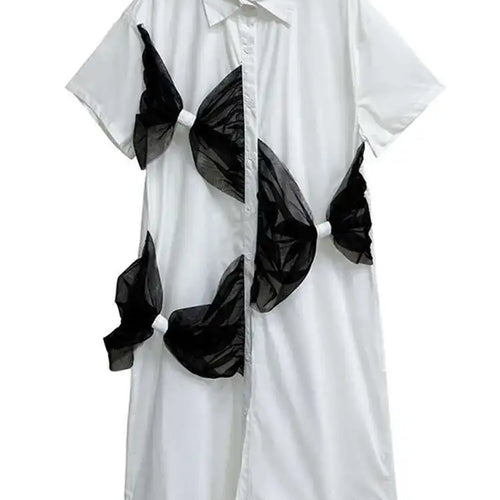 Load image into Gallery viewer, Women White Mesh Bow Color-block Big Size Shirt Dress New Lapel Short Sleeve Fashion Tide Spring Summer 2025 1DJ0048
