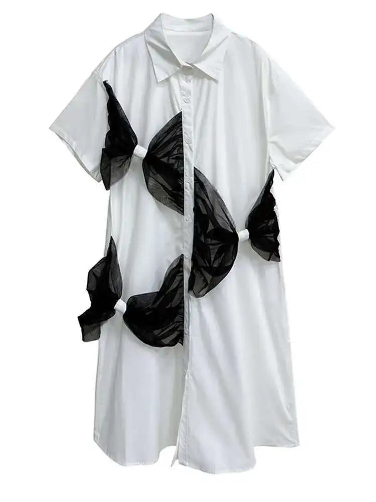 Women White Mesh Bow Color-block Big Size Shirt Dress New Lapel Short Sleeve Fashion Tide Spring Summer 2025 1DJ0048