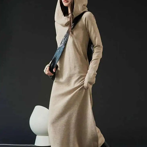 Load image into Gallery viewer, Women Oat Color Knitting Ankle Length Dress New Hooded Long Sleeve Loose Fit Fashion Tide Spring Autumn 2025 1DH3764

