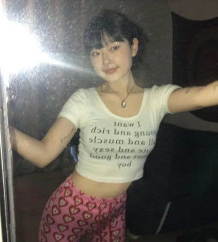 Korean Fashion Crop Tops Grunge Letter Print T-shirts Kpop Sexy Slim Short Sleeve Tee Shirts Japanese Style Streetwear