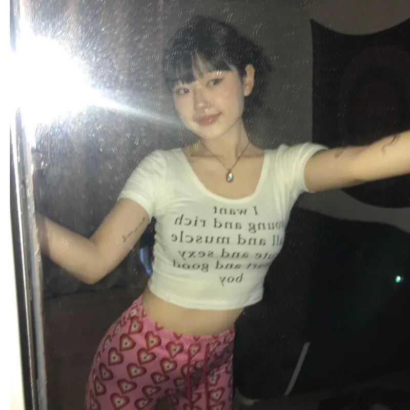 Korean Fashion Crop Tops Grunge Letter Print T-shirts Kpop Sexy Slim Short Sleeve Tee Shirts Japanese Style Streetwear