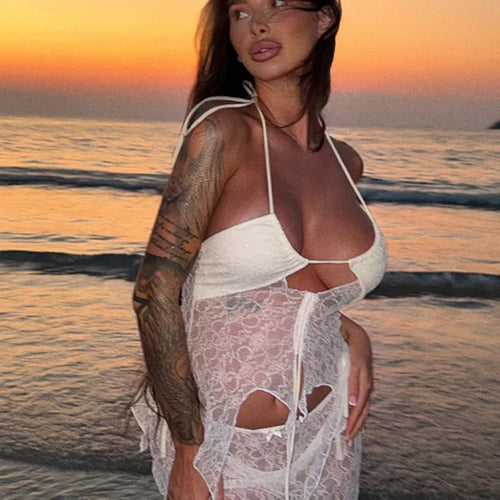 Load image into Gallery viewer, See Through Lace Hollow Out Sexy Two Piece Sets Women Halter Crop Tops And Mini Skirt Female Beach Club Skirt Sets
