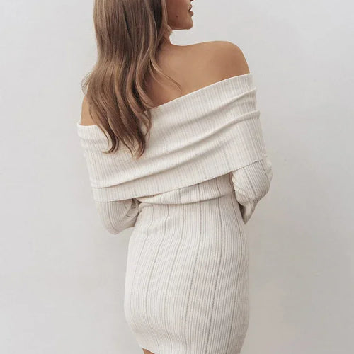Load image into Gallery viewer, Sexy Off Shoulder Women Knitted Dress White Backless Long Sleeve Dress Female Autumn Skinny Elegant Party Clubwear
