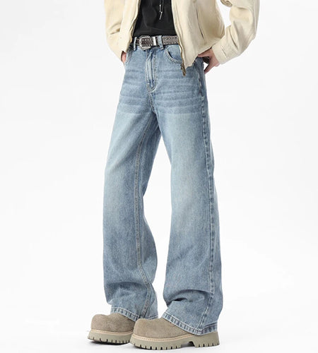 Male Denim Pants Micro Flared Cat Whisker Design Men's Washed Denim Straight Leg Stylish Fashion Bottoms 2025 9W1651