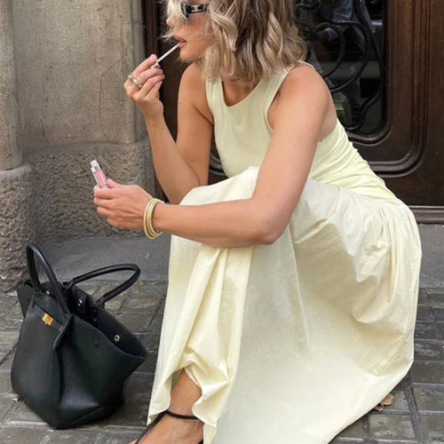 Load image into Gallery viewer, Patchwork Sleeveless Maxi Dress For Women Autumn New Casual Solid O Neck Loose A-line Long Tank Dress Elegant Fashion
