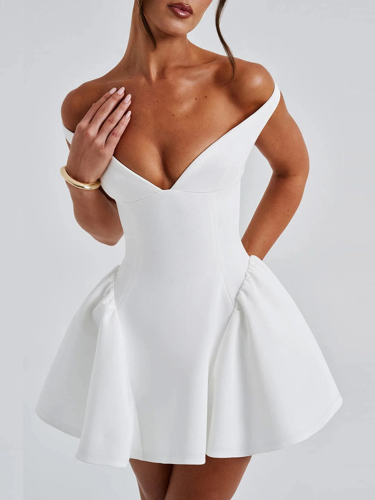 Solid V Neck Backless Slip Zip Up Pleated Elegant Sexy Slim Mini Prom Dress Summer Women Outfits Evening Party Birthday