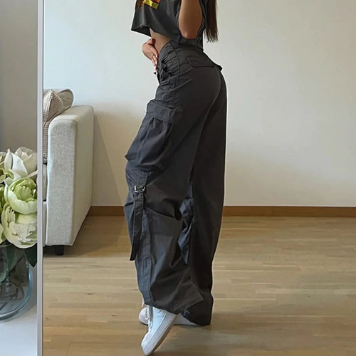 Load image into Gallery viewer, Streetwear Basic Buckle Cargo Pants Women Solid Straight Leg Big Pockets Baggy Trousers All-Match Y2K Sweatpants Chic
