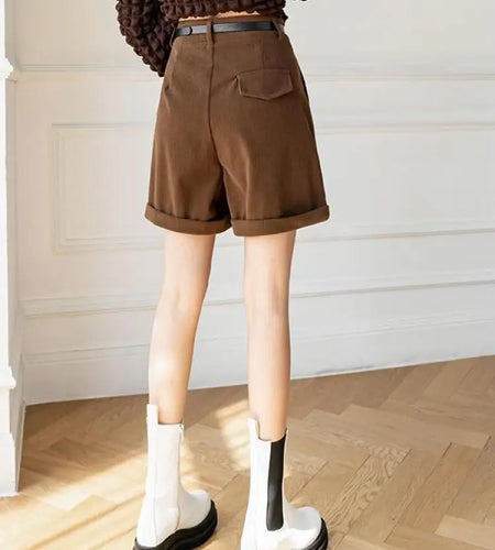 2023 New Black Corduroy Women's Shorts Autumn Winter Brown High Waist Straight Wide Leg Shorts Vintage Female Plus Size Casual